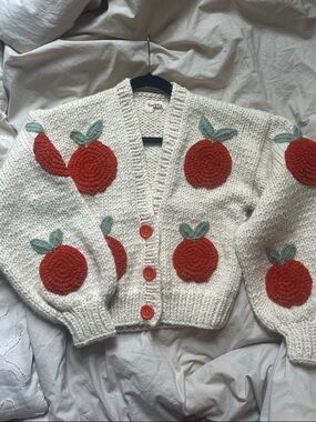Hand knit Society Mano Cream Cardigan with Oranges Appliqués